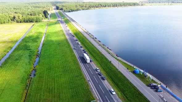Drone Aerial View Lake Road Cars Truck