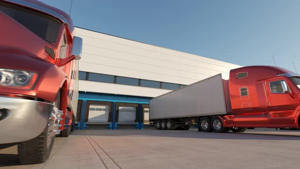 Semi-trailer trucks in front of a warehouse. Logistics transport freight loop 4K alt