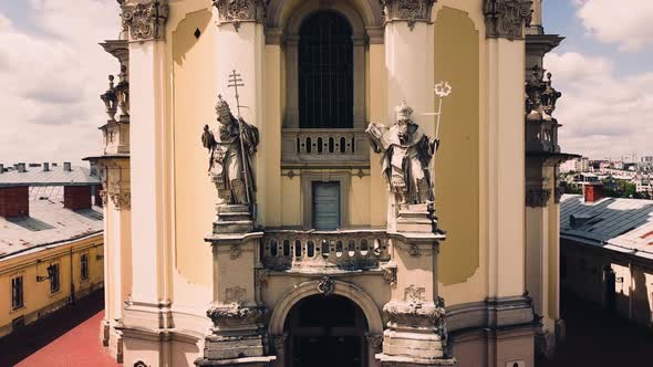 Aerial drone view of a flying over the Catholic Cathedral alt