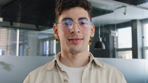 Portrait Closeup Young Caucasian Confident Guy with Glasses Student Manager Looking at Camera alt