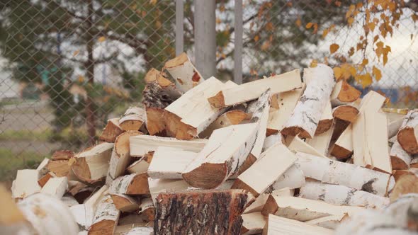 The blow of an axe on a birch log in close-up. A man is chopping wood for the fireplace. alt