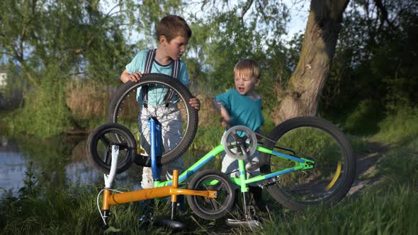 Attractive Curious Boys Spin Wheels and Pedals of Bicycle Outdoors in Forest alt
