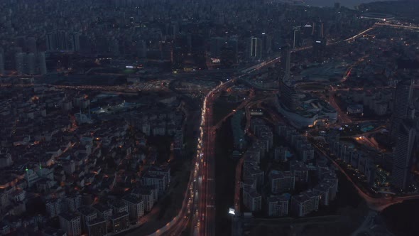 Istanbul Interstate Freeway Intersection at Night From Aerial Perspective Wirth Car Traffic at Dusk alt