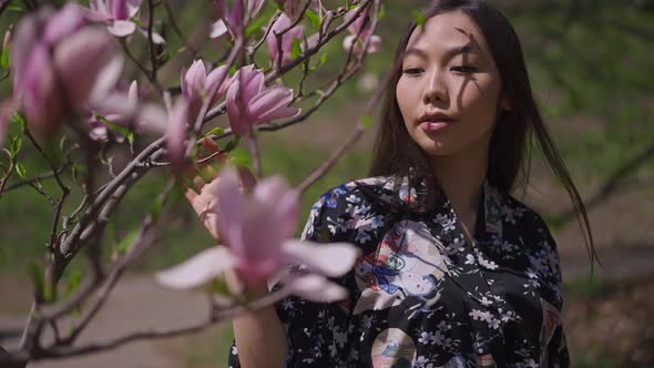 Young Asian Woman in Kimono Walking in Slow Motion in Sakura Garden Touching Pink Flowers on Tree alt