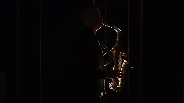 Black Silhouette of Male Saxophonist Musician Playing Golden Alt Saxophone on Musical Instrument