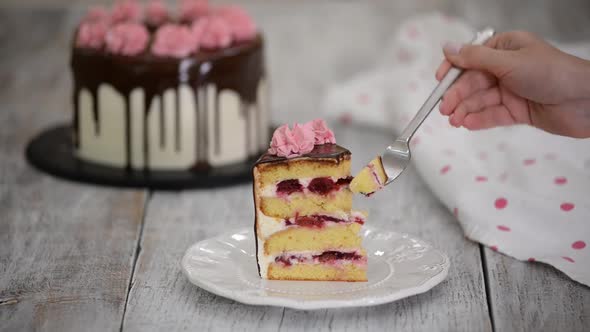 Piece of Homemade Vanilla Cherry Cake with Cream