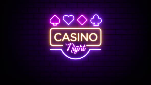 Casino Night Neon Sign on Brick Wall Background 4K, Motion Graphics