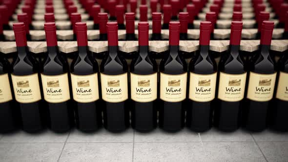 Animation showing huge amount of wine bottles standing in array. Loopable. HD alt