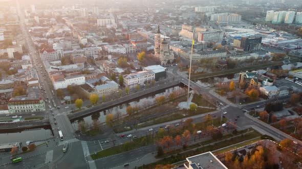 City streets, river autumn aerial Kharkiv, Ukraine