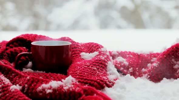 Red Cup with Hot Tea or Coffee Wrapped Scarf in Snow