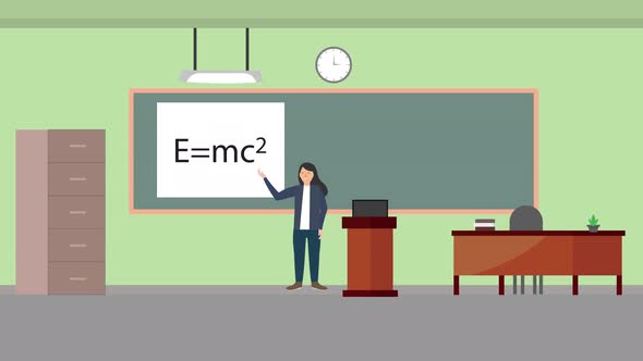 Female teacher giving physics lecture inside a classroom 4K animation