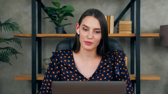 Close up smiling female distance teacher online tutor tells students video call chat webcam laptop alt