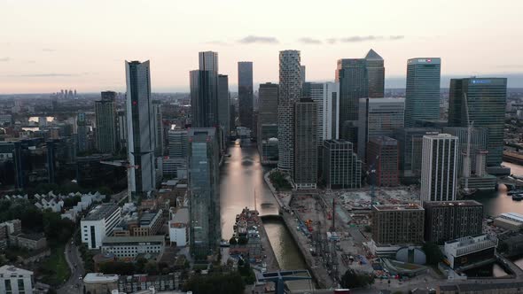 Forward Fly Toward Group of Skyscrapers in Modern Business Canary Wharf District alt