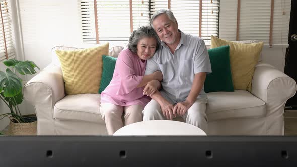 Senior couple looking television at home alt