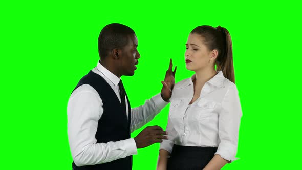 Two Business People Talking Face To Face. Green Screen alt