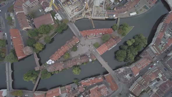 Aerial view of Nuremberg. Island on river Pegnitz. Streets, architecture Bavaria Germany summer