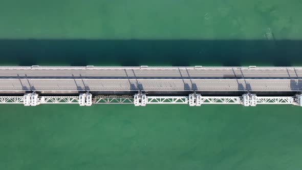 Overhead Top Down View of Oosterschelde Barrier Closable Storm Surge Barrier and Road alt