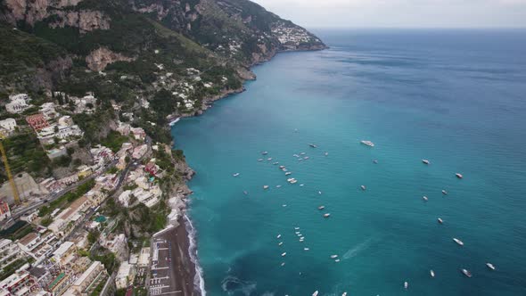 Turquoise Water in Bay at Positano, Italy, Amalfi Coast from Above alt