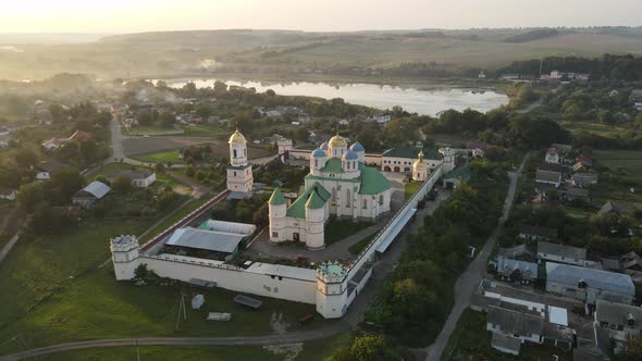 Aerial Shot Village Mezhyrich. Holy Trinity Monastery Of The Upc. Ukraine alt