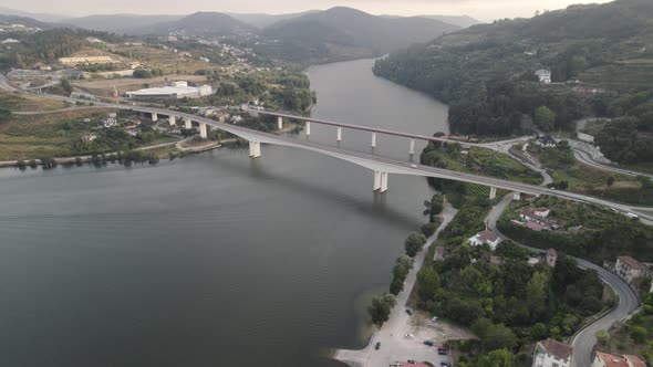 Hintze Ribeiro Bridge at Entre-os-rios town in Portugal. Aerial circling