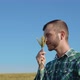 A Young Farmer Agronomist with a Beard Stands in a Field of Wheat Under a Clear Blue Sky and Holds a - VideoHive Item for Sale