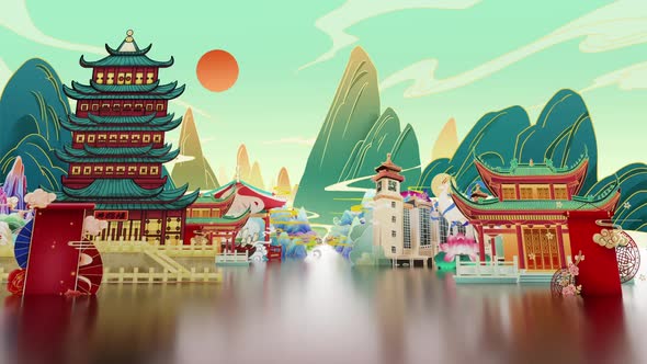 Chinese Traditional Cartoon Style Stage Background
