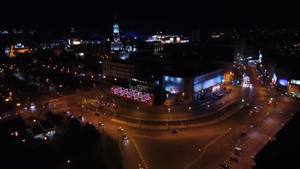 Kharkiv city streets aerial, night lights driveway