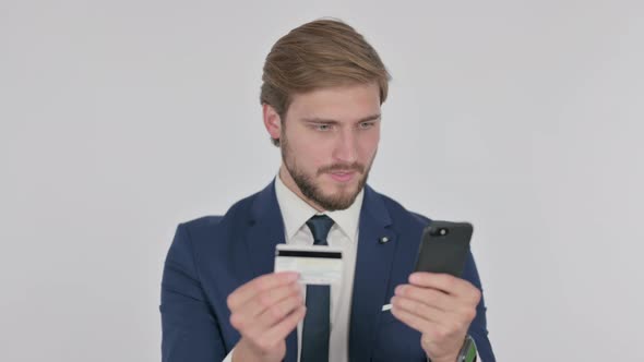 Online Shopping on Smartphone By Young Businessman on White Background alt