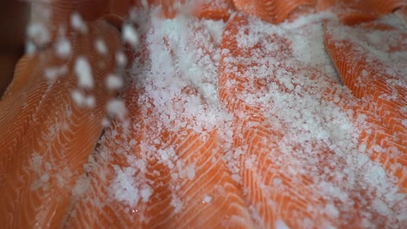 Rotating closeup slow motion coarse rock salt is hitting stacked up salmon fillets inside steel cont alt