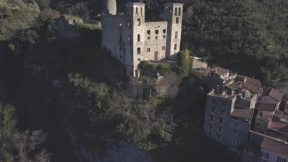 Dolceacqua Doria castle aerial view. Ancient medieval architecture in Liguria, Italy alt