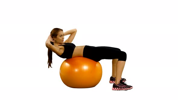 Girl with Fitness Ball, Shakes Press, Gym. White Background alt