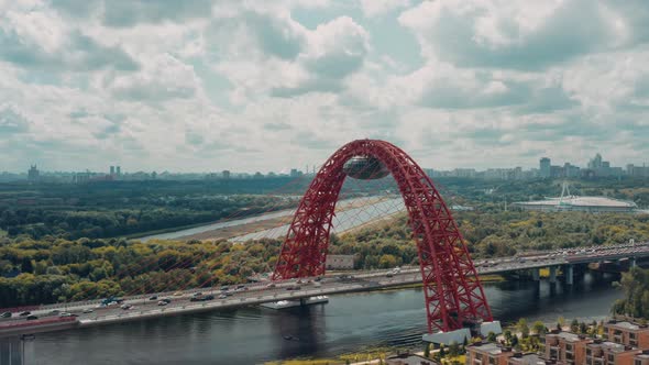 Aerial Drone Zoom Out of a Modern Cablestayed Bridge in Moscow Russia