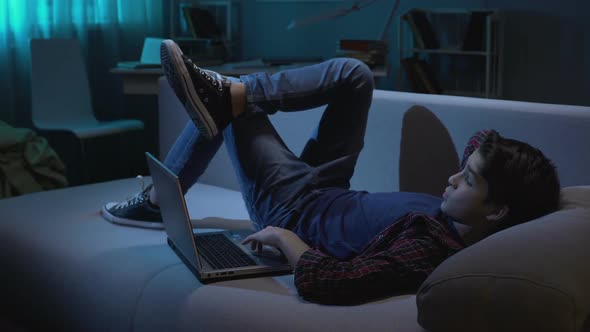 Male student relaxing on couch with laptop, watching images in social network alt