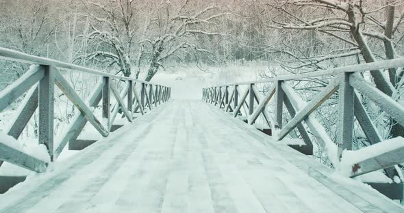 Winter Wooden Pedestrian Bridge in Park in Nature