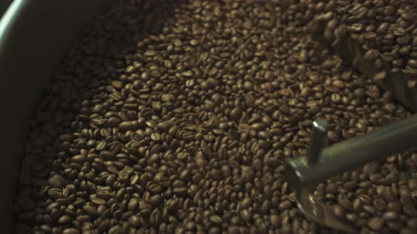 Close up footage of coffee roasting machine process by spinning hot brown beans alt
