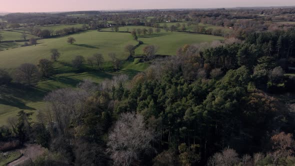 Establishing Shot England Agricultural Grass Landscape Aerial View Fields Trees