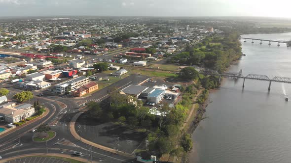 Aerial drone view of center of Bundaberg, Queensland, Australia