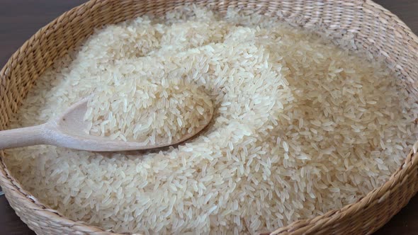 White rice in basket. Organic food rice.