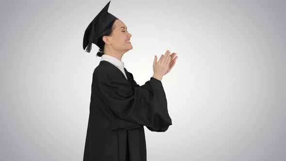 Graduation Student Woman Applauding Smiling on Gradient Background. alt