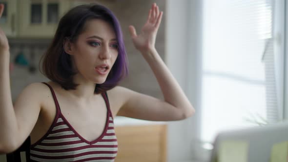 Young Beautiful Brunette Woman Works Home Kitchen Workplace Laptop