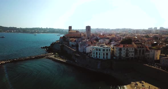 Aerial Footage of Antibes, France, Cote D Azur. Beautiful Sunny Day in Mediterranean Sea. Old Castle