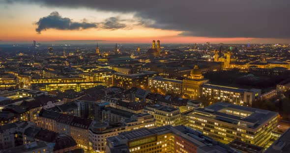 Stunning Munich Cityscape at Night with Glowing City Streets and Office Building, Magical Day To alt