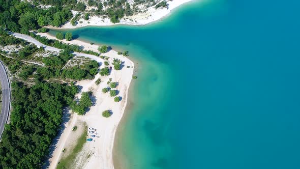 Lake of Sainte-Croix in the Verdon Regional Natural Park in France from the sky alt