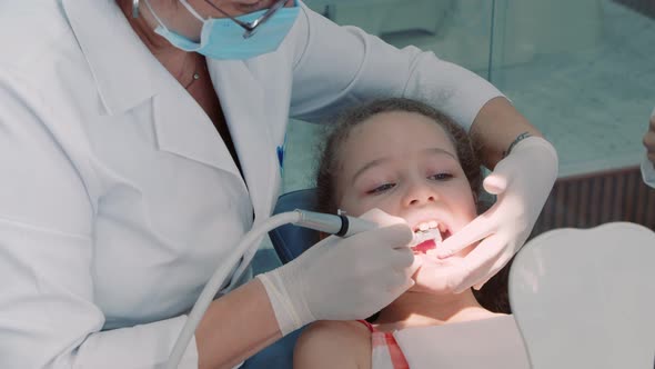 Dentist in the Dental Office Woman Dentist Treating Teeth to Little Girl Child Patient in Clinic alt