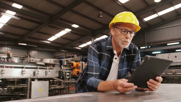 Worker using digital tablet in bottle factory alt