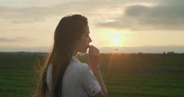 Close Up Side Portrait of Pensive Woman Outdoors on Rural Sunset Background. Long-haired Girl