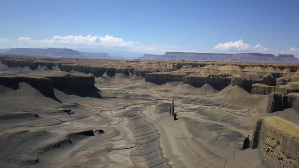 Panning aerial view of desert cliffs in the Utah badlands alt