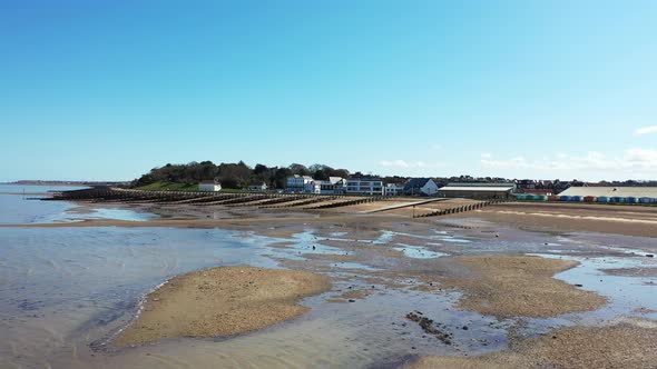 An Aerial View of an Empty Sandy Beach. Pandemic Quarantine. Whitstable, Kent, UK