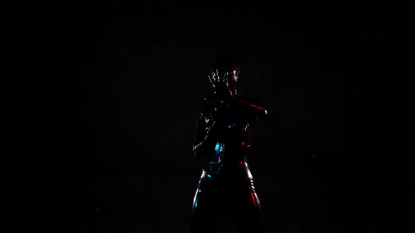 Amazing Silhouette of Woman in Black Latex Overall in Dark Studio alt