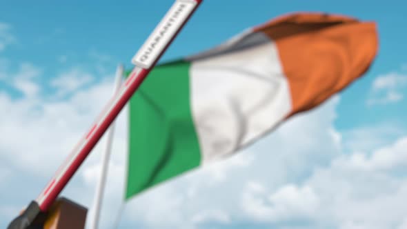 Closed Gate with QUARANTINE Sign on the Irish Flag Background alt